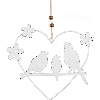 Závěs kov bidýlko s ptáčky uvnitř srdíčka v bílé barvě 200x170 mm
