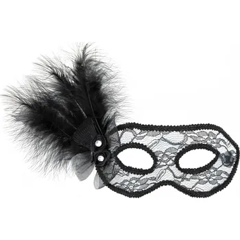 Karnevalový doplněk Party Pal Škraboška průhledná s černou krajkou a peřím, 21 x 18 cm