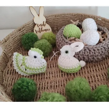 Velikonoční dekorace Slepička a zajíček, zelenobílá