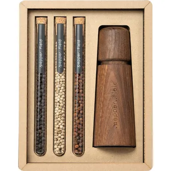 Kuchyňský mlýnek Pepperfield Dárková sada mlýnek a 3 zkumavky s Kampotským pepřem SADA-SCANDI-17-KART-BROWN