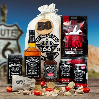 Dárkový potravinový koš Dárkový koš v pytli pro muže, chlapa Jack Daniel's originální dárek pro muže k narozeninám, vánocům, valentýnu Route 66