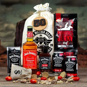 Dárkový potravinový koš Dárkový koš v pytli pro muže, chlapa Jack Daniel's Fire originální dárek pro muže k narozeninám, vánocům, valentýnu Všechno nejlepší
