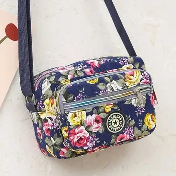 Kabelka Retro nylonová taška s květinovým vzorem | Stylová kabelka - Tmavě modrá