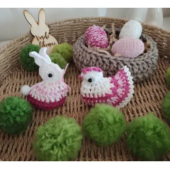 Velikonoční dekorace Slepička a zajíček, růžovobílá 1