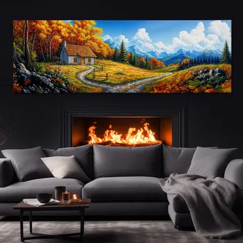 Obraz Obraz na plátně - Kamenná chatka skrytá podzimním lesem FeelHappy.cz Velikost obrazu (šířka x výška): 60 x 20 cm