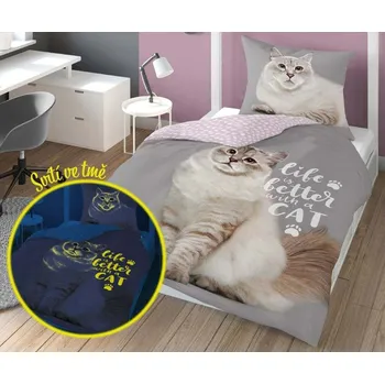 Povlečení DETEXPOL Povlečení Kočka life svítící Bavlna, 140/200, 70/80 cm