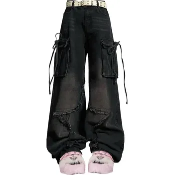 Dámské džíny Originální široké džíny baggy roztřepené Barva: Černá, Velikost: S