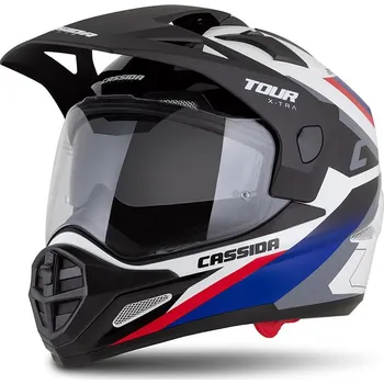 Helma na motorku Enduro přilba Cassida Tour 2.0 X-tra bílo-modro-červeno-černá s černým matným kšiltem 2XL