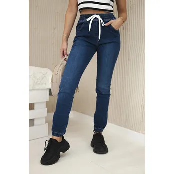 Dámské kalhoty Kalhoty z tmavého denimu s žebrovaným lemem 3XL