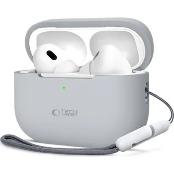 Pouzdro na mobilní telefon Pouzdro / obal TECH-PROTECT pro Apple AirPods Pro 1 / 2 + poutko - silikonové - popelavě šedé
