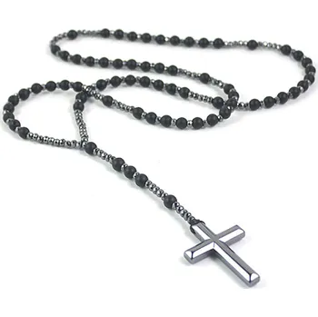 Náhrdelník B-TOP Pánský dlouhý náhrdelník s hematitem Kříž - černý