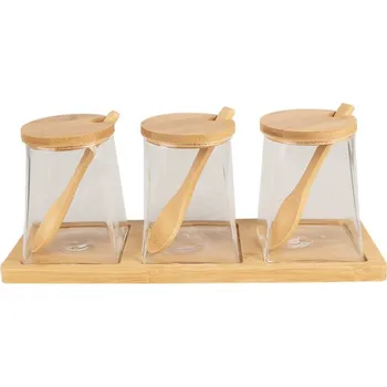 Dóza na potraviny Sada 3 skleněných dóz se lžičkou na dřevěném podstavci Rocke – 7x7x10 cm