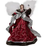 Červená vánoční dekorace anděl se stříbrnou šálou a hůlkou s hvězdičkou – 28 cm