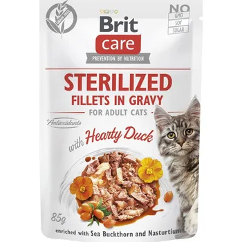 BRIT CARE Sterilované filety pro kočky v omáčce s vydatnou kachnou obohacené o rakytník a nasturtium 85g