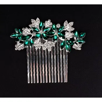 Ozdoba do vlasů B-TOP Hřeben do vlasů se zelenými krystaly a stříbrnými lístky