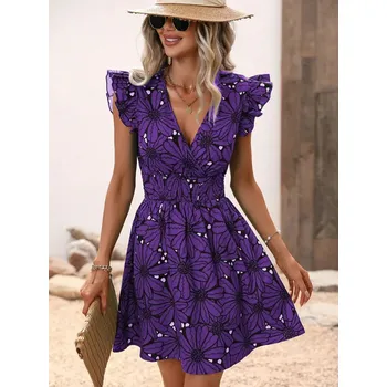 Dámské šaty Květované šaty s volánkovými rukávy Barva: Fialová, Velikost: S