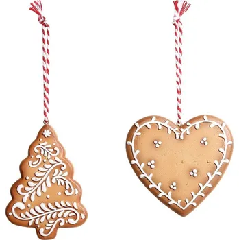 Vánoční dekorace Chic Antique závěsná dekorace perníkový stromek a srdce hnědá 8 cm 2 ks