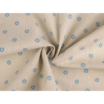 Bavlněná metráž / imitace lnu hrubší, květy METRÁŽ - 1 režná modrá