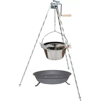 kotlíky Trojnožka stříbrná s kladkou 1,25 m kotlík s poklici 10 L nerez Klasik a ohniště (praktická sada s kotlíkem 10 L pro venkovní vaření – vše, co potřebujete na jednom místě)