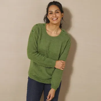 Dámský svetr Pulovr s ozdobnými knoflíky, z úpletu s vlasem olivová 52