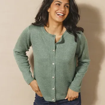 Dámský svetr Propínací svetr s bižu knoflíky zelený melír 52