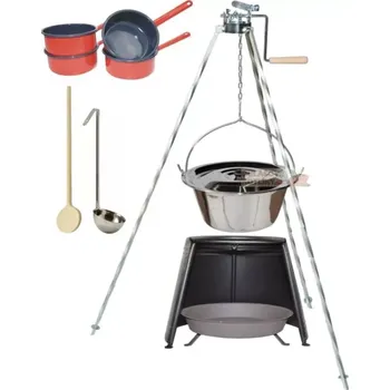 kotlíky Set trojnožka stříbrná s kladkou nerez Klasik 8 L FULL (všechno pro dokonalé vaření v nerez kotlíku 8 L a servírování guláše na čerstvém vzduchu)