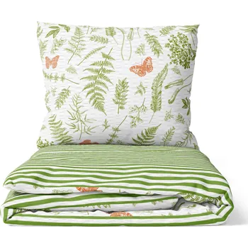 Povlečení DARRÉ Krepové povlečení V kapradinách s pruhem - bílozelená Velikost: 140 x 200 + 70 x 90