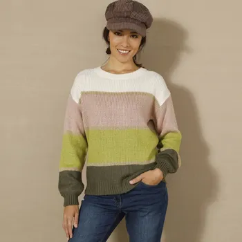 Dámský svetr Pulovr s barevnými pruhy a zlatavými vlákny režná/zelená 54