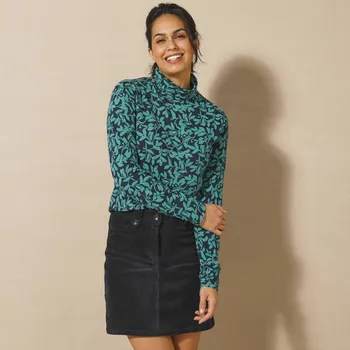 Dámské tričko Strečové rolákové tričko s potiskem lístků nám.modrá/zelená 34/36