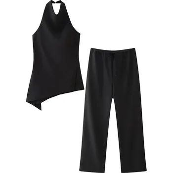 Stylový dámský set, halenka s odhalenými zády a kalhoty Velikost: M, Barva (Varianta): černá set