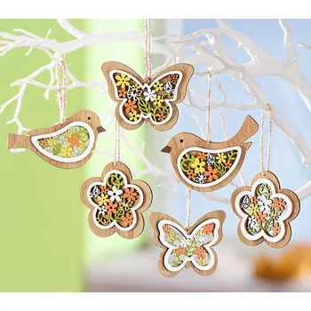 Vánoční ozdoba Astoreo Sada dřevěných závěsných ozdob Jaro, sada 6 ks mix barev