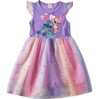 Dívčí šaty Lilo & Stitch Letní dívčí šaty s motivem "Lilo & Stitch" (potisk Stitch a Angel) - 4 barvy Barva: Fialová, Velikost: 100/2-3 roky