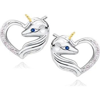 Náušnice Atreya Stříbrné puzetové náušnice s jednorožcem se světle růžovými zirkony a safírovým okem