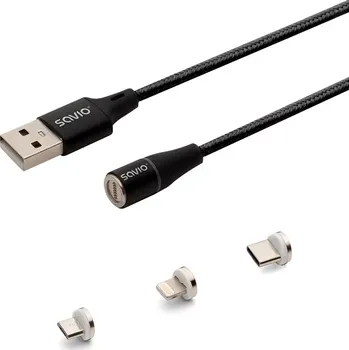 Datový kabel Savio KBASAVUSB0012 s vyměnitelnými magnetickými konektory USB - USB-C microUSB Lightning, 1m