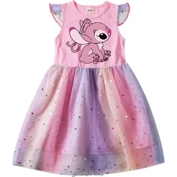 Dívčí šaty Lilo & Stitch Letní dívčí šaty s motivem "Lilo & Stitch" (potisk Angel) - 4 barvy Barva: Růžová, Velikost: 130/7-8 let