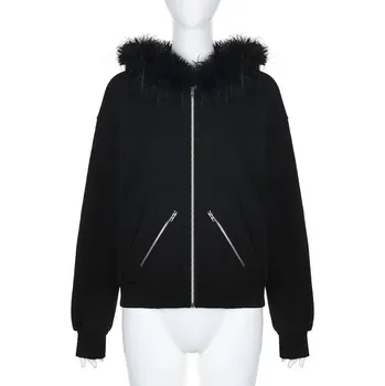 Dámská mikina Dámská zimní mikina s kožíškem Barva: Černá, Velikost: S