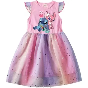 Dívčí šaty Lilo & Stitch Letní dívčí šaty s motivem "Lilo & Stitch" (potisk Stitch a Angel) - 4 barvy Barva: Růžová, Velikost: 100/2-3 roky