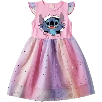 Dívčí šaty Lilo & Stitch Letní dívčí šaty s motivem "Lilo & Stitch" (potisk Stitch) - 4 barvy Barva: Růžová, Velikost: 130/7-8 let