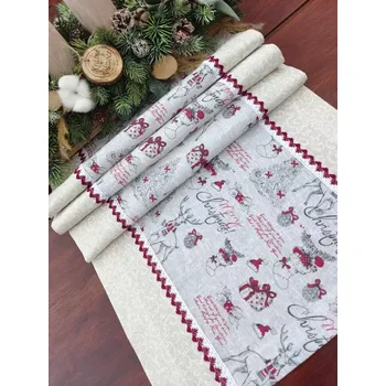 ubrus Běhoun vánoční - Merry Christmas v kombinaci s ornamenty na šedé a červenobílou krajkou