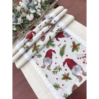 ubrus Běhoun vánoční - vánoční skřítci v kombinaci s bílými ornamenty na šedé