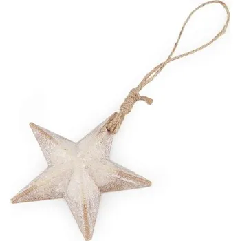 Vánoční dekorace Dřevěná hvězda k zavěšení, 75 mm, béžovobílá