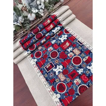 ubrus Běhoun vánoční - perníčky na modré v kombinaci v béžovou v režném efektu