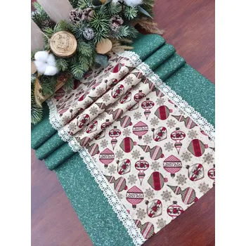 Vánoční dekorace Běhoun vánoční - vánoční ozdoby na béžové v kombinaci se stříbrným prachem na zelné