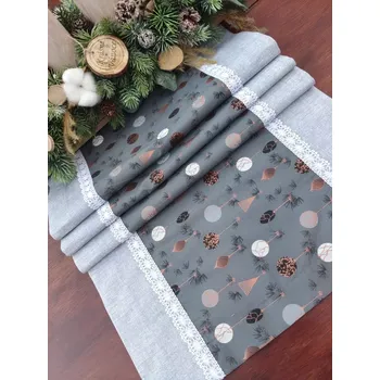 ubrus Běhoun vánoční - měděné vánoční ozdoby na šedé lemované světle šedou