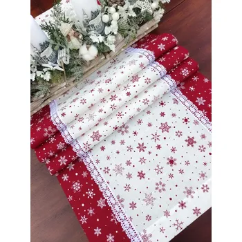 ubrus Běhoun vánoční - červené vločky na bílé lemované bílými vločkami na červené
