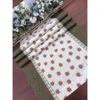 ubrus Běhoun vánoční - vánoční růže na smetanové v kombinaci se zelenými a zlatými bobulkami