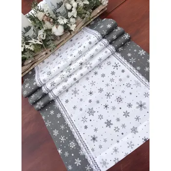 Vánoční dekorace Běhoun vánoční - šedé vločky na bílé lemované bílými vločkami na šedé