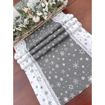 Vánoční dekorace Běhoun vánoční - bílé vločky na šedé lemované šedými vločkami na bílé