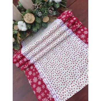 ubrus Běhoun vánoční - malé červené vločky na bílé lemované středními bílými vločkami na červené 42 x 138 cm