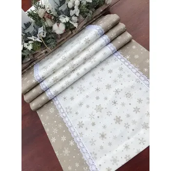 ubrus Běhoun vánoční - béžové vločky na bílé lemované bílými vločkami na béžové